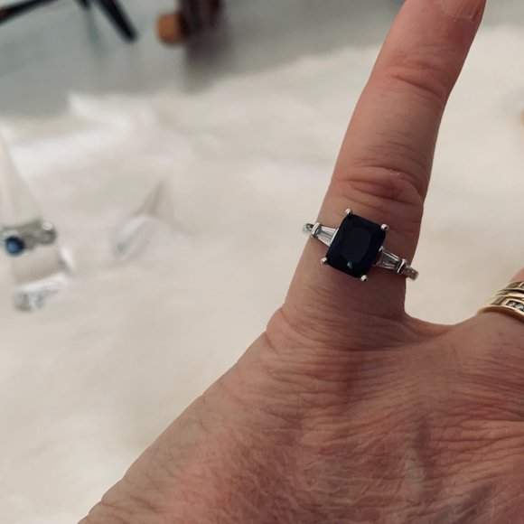 Two Silver Tone Fashion Rings with Blue and Clear Stone - Rectangle and Round - Picture 6 of 16